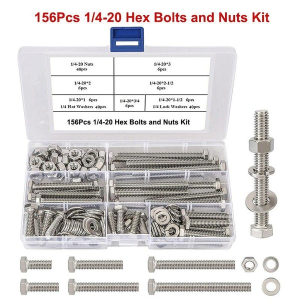 156Pcs 1-4-20 Hex Bolts and Nuts Kit,Stainless Steel Heavy Duty External Hexagon Screws Bolts Flat Lock Washers Assortment Kit