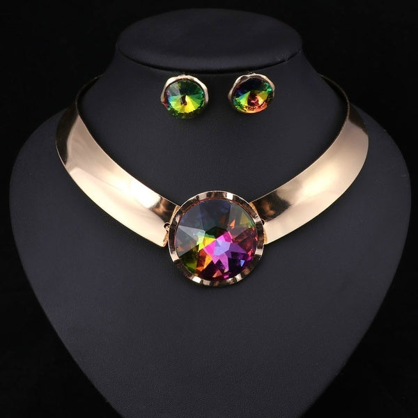 Fashion 6Color Women Choker Jewelry Sets Trendy Necklace Earrings Statement Necklace For Party Wedding Crystal Jewelry Set