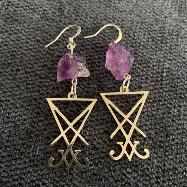Natural Earring Purple Crystal Raw Stone Earring Lucifer Sigil Symbol Earring Healing Stone Earring Teardrop Witch Creative Gothic Earring Jewellery