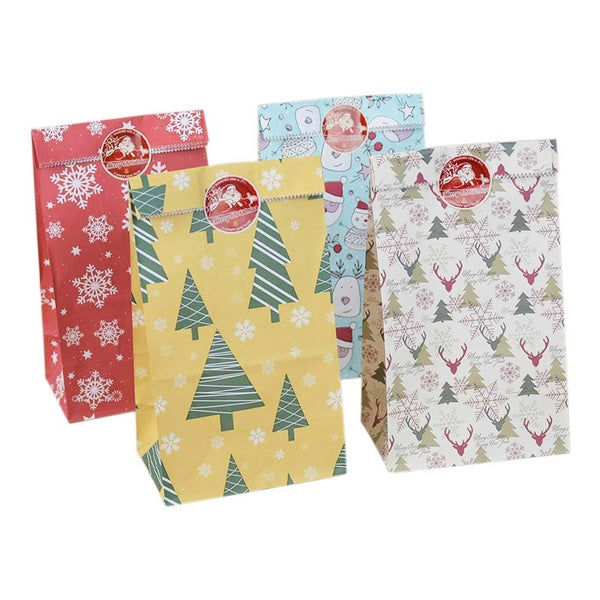 12Pcs Christmas Gift Bag Kraft Paper Candy Cookies Bag With Sticker Christmas Tree Food Packing Xmas Birthday Party Decor