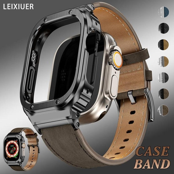 LEIXIUER Housse de protection en métal Bracelet en cuir véritable pour montre intelligente Ultra 49 mm 7 8 45 mm 41 mm pour Smartwatch Series SE 4 5