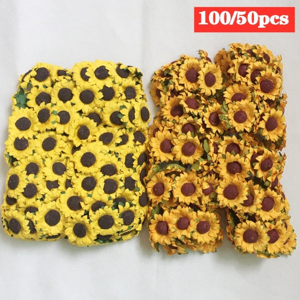 100-50pcs-lot Artificial Decoration Sunflower Flowers for Gift Box diy Decor Paper Flowers for Scrapbooking Mini Daisy