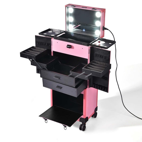 Byootique Pink Rolling Makeup Case Pro Cosmetic Artist Storage Hair Stylist Barber Organized Trolley Lockable Mirror Light Fan