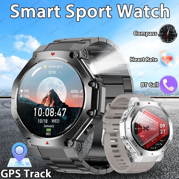 Nouvelle montre intelligente de sport militaire en plein air pour hommes GPS Fitness boussole lampe de poche LED IP67 étanche BT appel Smartwatch 202