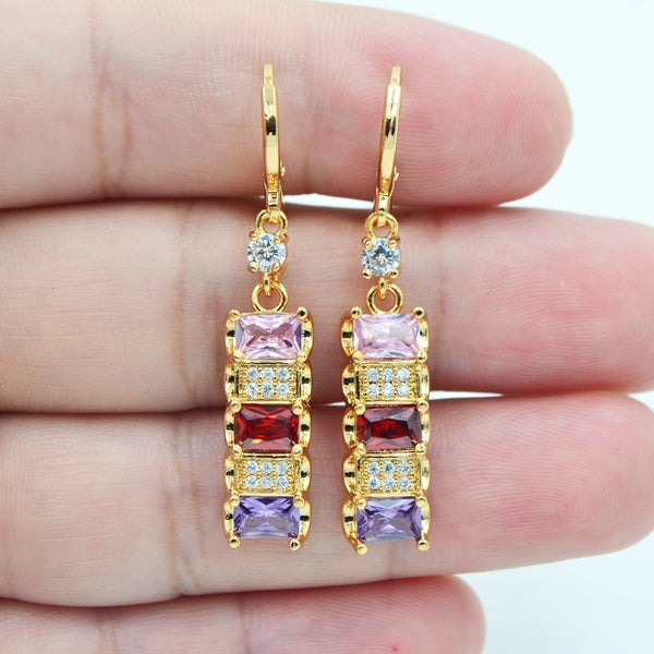 Boucles d'oreilles pendantes rectangulaires multicolores en zircone cubique CZ pour femmes