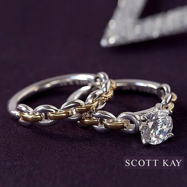 Claw Drill Brilliant CZ Diamond Ring gold & silverTwo Tone Band Chain Rings Unique Man Woman Party Metal Chain Ring Set