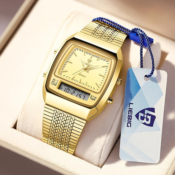 LIEBIG montre pour hommes bracelet en acier doré montre de Sport à Quartz mode décontractée montres à Quartz numérique étanche double affichage horlo