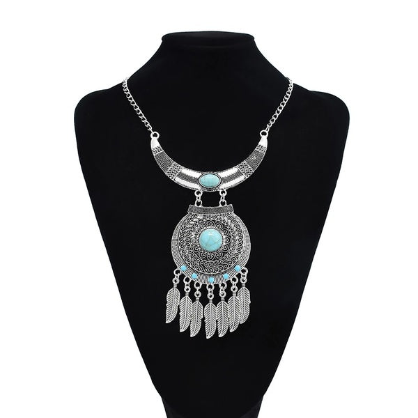 Bohème Gypsy Vintage Bijoux Vert Noir Artificielle Acrylique Pierre Plume Gland Rond Argent Vintage Déclaration Collier