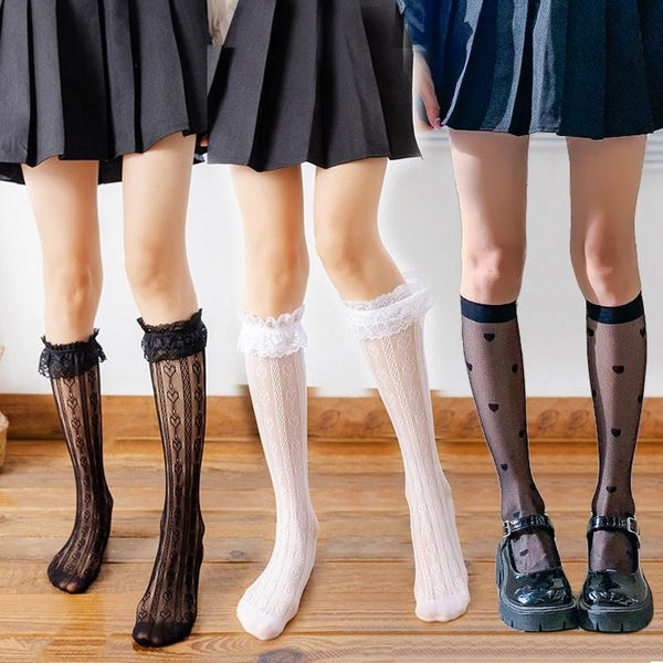 18 Styles Black White Stockings Lace Socks Lolita Calf Socks Female Lace Jk Japanese Cute Student Soft Hosiery Sweet Knee Socks Streetwear