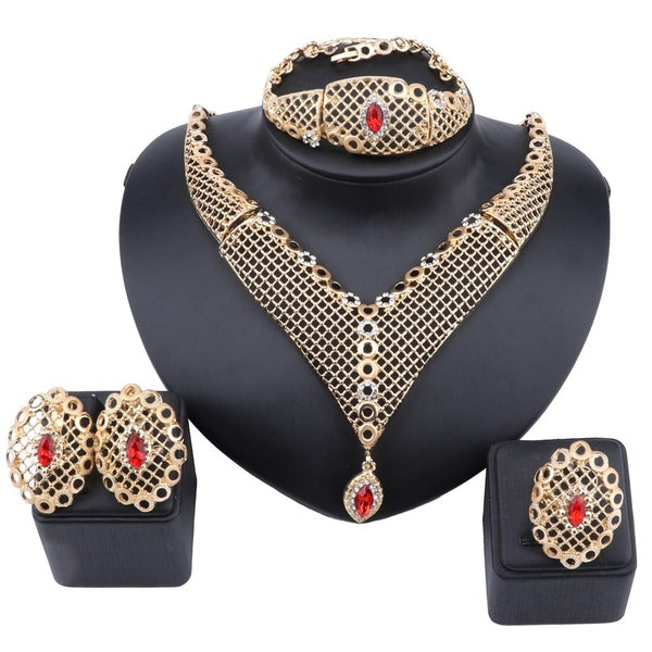Nigerian Tassel Wedding Jewelry Sets Indian Bride Accessories Crystal Gem Choker Necklace Earring Ring Jewelry Set