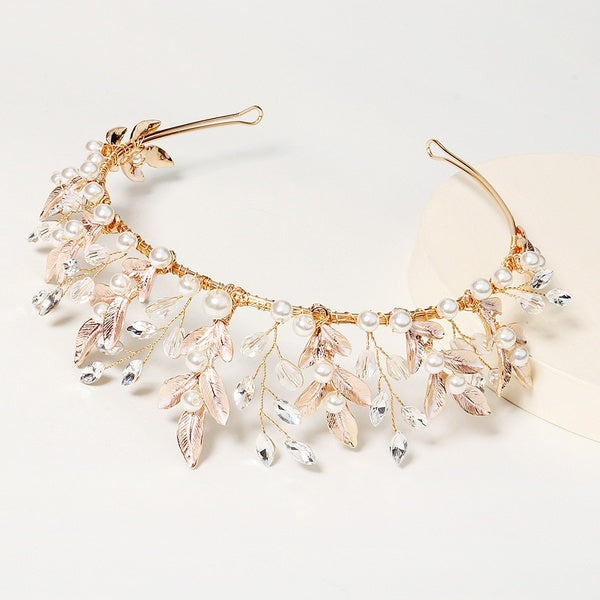 New Design Handmade Crystal Pearl Leaf Gold Headband Crown Photography Jewelry Accessories Bridal Crowns Tiara Headwear Matron Inn