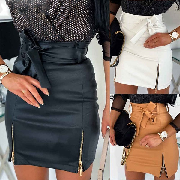 Elegant Solid Color High Waist Pu Leather Skirts Waistband Collect Waist Package Hip Mini Skirt Femme Jupe