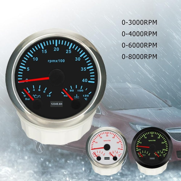 ELING 85mm Tachometer with Oil Pressure 10 Bar Water Temperature Gauge 40-120 Degrees with 7 Colors Backlight 12V 24Volts for Car Motorcycle Truck