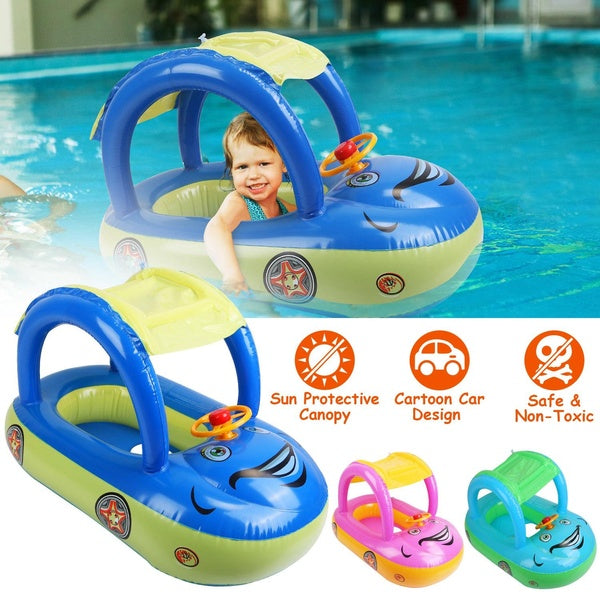 Baby Inflatable Pool Float Car Shaped Toddler Swimming Float Boat Pool Toy Infant Swim Ring Pool with Sun Protection Canopy for 1-3 Year-Old Kids Inf