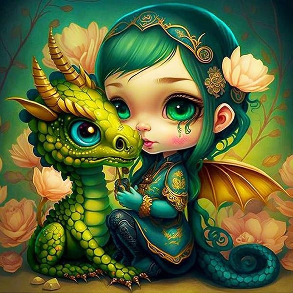 FIYO DIY 5D Big-Eyed Girls and Dragon Diamond Painting Full Drill with Number Kits Home and Kitchen Fashion Mosaic Diamond Painting Canvas Wall Decor