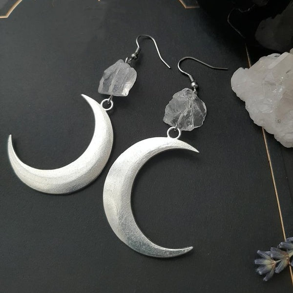 Moon Earring Natural Crystal Raw Stone Earring Drop Healing Stone Celestial Spiritual Earring Teardrop Witch Gothic Boho Earring Jewellery Women Gift