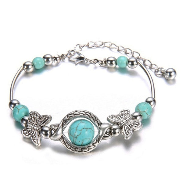 1 PCS Charme Vintage Bijoux Argent Naturel Turquoise Femmes Fille Papillon Bracelet Chaîne Perles Bracelet & Bracelet De Mariage Cadeau