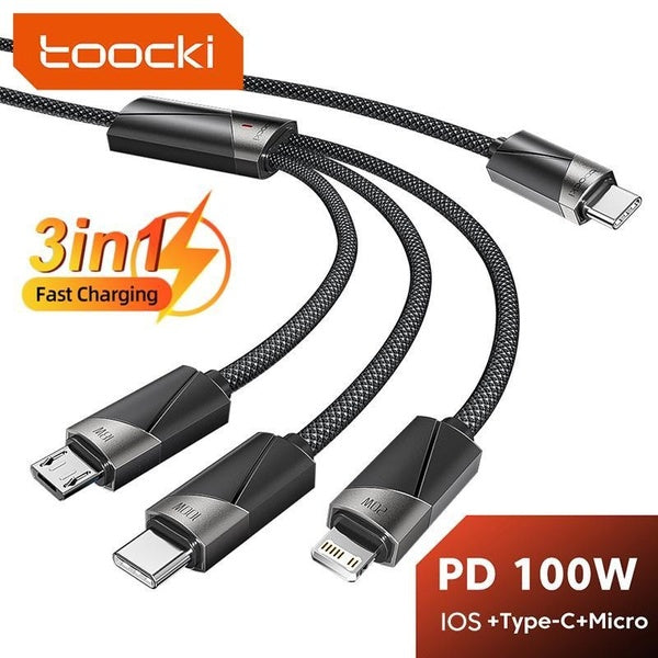 Toocki 3-in-1 PD Fast Charging Cable for iPhone 15 14 13 12 11 Series Micro USB Type-C Cable for Samsung Huawei Xiaomi Mobile Phones Laptops Tablets
