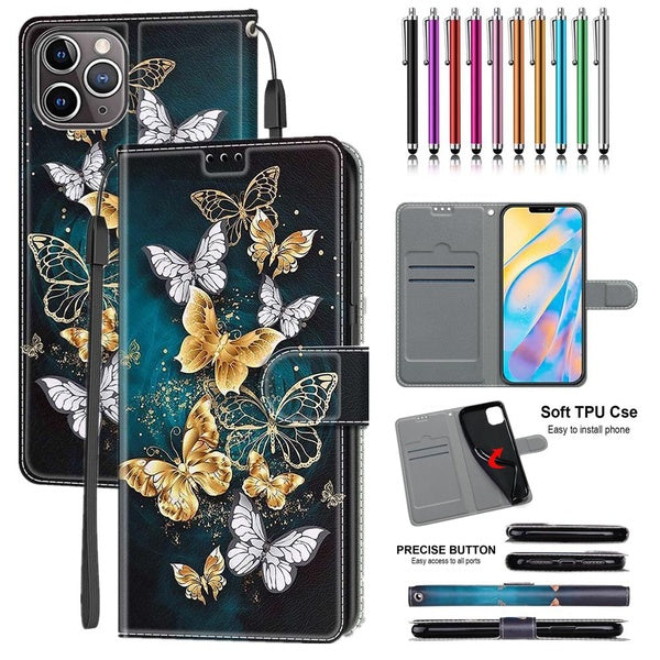 Étui à rabat en cuir PU avec motif papillon doré et argent avec protection de porte-cartes pour téléphone portable avec stylet pour iPhone 14 14Pro 1