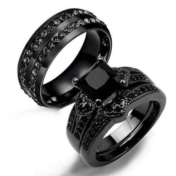 Charme Couple Anneaux Romantique Noir Strass Femelle Anneaux Ensemble Hommes Deux Rangées Noir CZ Pierre En Acier Inoxydable Anneau Bijoux De Mariage