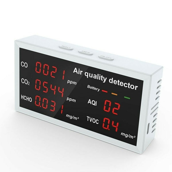 Air Quality Monitor, Home Air Quality Tester for CO- CO2- HCHO-TVOC-AQI Multifunctional Air Gas Detector Real Time Data and Mean Value Recording for
