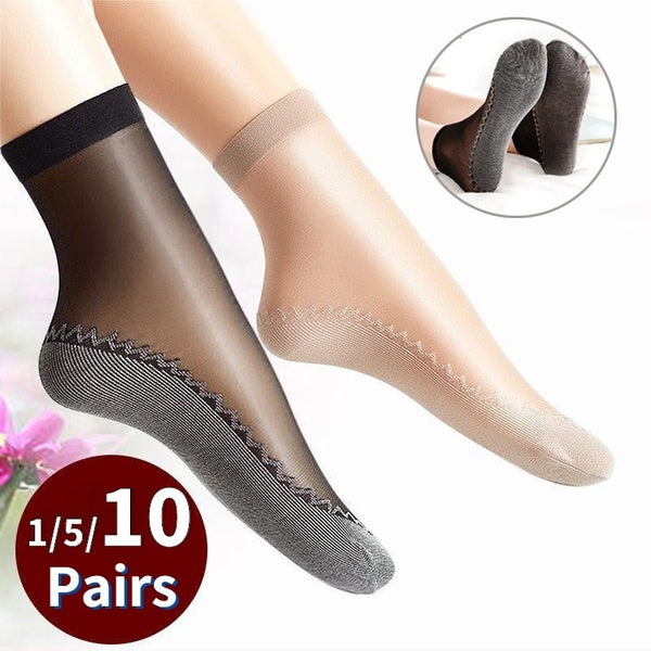1-5-10 Pairs Summer Thin Silk Womens Socks Cotton Bottom Soft Non-Slip Sole Massage Wicking Slip-resistant Summer Thin Silk Socks