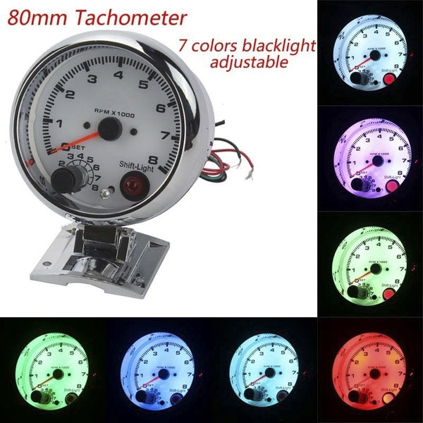7 Colors Backlight Adjustable 3.75inch 80mm Racing Car Tachometer 0-8000 RPM Carbon Fiber RPM Gauge with Shift Light Mounting Bracket