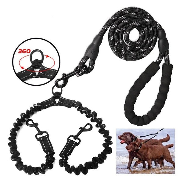 Double Dog Leash, Dual Pet Leashes, 360 Swivel Tangle Free Bungee Walking Training Leash for Large Medium Dogs, Shock Absorbing Bungee Reflective Lea