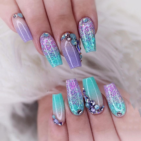 24pcs Long Ballerina Nails French Gradient Glitter Diamond Fake Nails Full Cover Press on Nails DIY Detachable False Nails