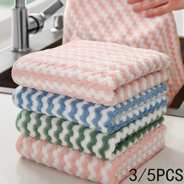 3-5PCS Microfiber Thick Kitchen Towel Dishcloth Household Kitchen Rags Gadget Non-stick Oil Table Cleaning Wipe Cloth Scouring Pad