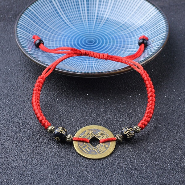 Vintage Coin Tissé Bracelet Hommes Femmes Réglable Chanceux Rouge Braslet Sanskrit Obsidienne Perles Brazalete Yoga Méditation Bijoux