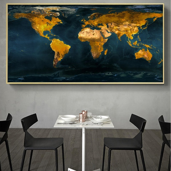 1 Piece Large Size Wall Paintings Posters and Prints Wall Art Canvas Painting Golden World Map Pictures for Living Room Cuadros Home Decor No Frame