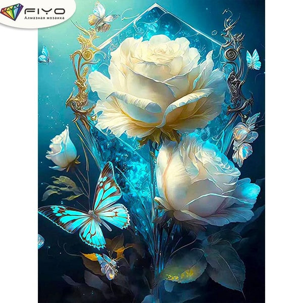 FIYO Rose and Butterfly DIY 5D Diamond Painting Full Drill with Number Kits Home and Kitchen Fashion Mosaic Diamond Painting Canvas Wall Decoration G
