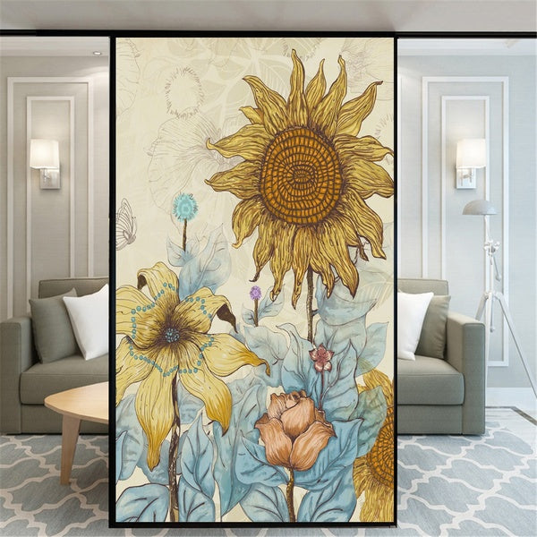 No Glue Decorative Privacy Frosted Window Film Classical Style Sunflower Pattern Glass Film Privacy Window Decals Window Sticker 60 Sizes