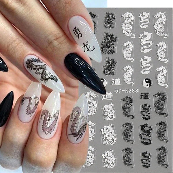 5D Dragon Nail Stickers Chinese Characters New Year Nail Decals Bamboo Leaf Sliders Snake Nail Charms Gothic Manicure Deco GL5DK