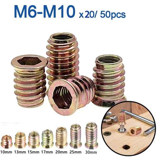 50pcs-20pcs M6 M8 M10 Zinc Plated Carbon Steel Hex Socket Drive Insert Nuts Threaded For Wood Furniture