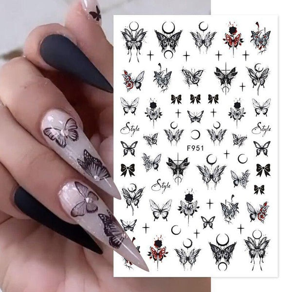 Black Butterfly Rose Leaves 3D Nail Stickers Snake Leaves Nail Design Self-adhesive Decals Manicure Slider Nail Art Accessories