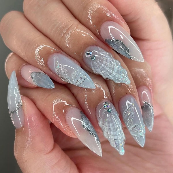 24pcs 3D Droplet Shell False Nails Light Blue Sea Almond Shaped Fake Nails Patches Fashion Y2k Art Style Wearable Press on Nails