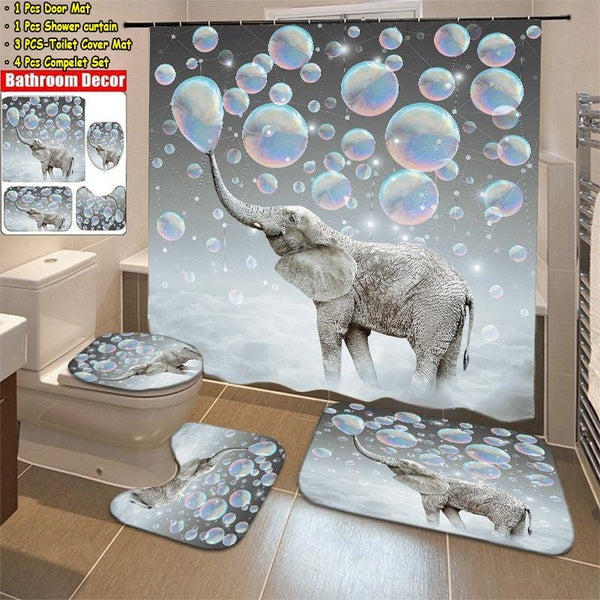 3D Multicolor Bubbles Elephant Bathroom Shower Curtain Set Waterproof Shower Curtain Toilet Cover Mat Non-Slip Floor Mat Rugs Bathroom Set Decor 4-3-