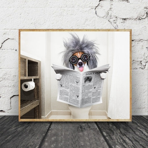 Dog Reading Newspaper Wall Art Funny Dog Print Lover Gifts Quirky Dog Wall Hanging Picture Canvas Painting Toilet Home Decor