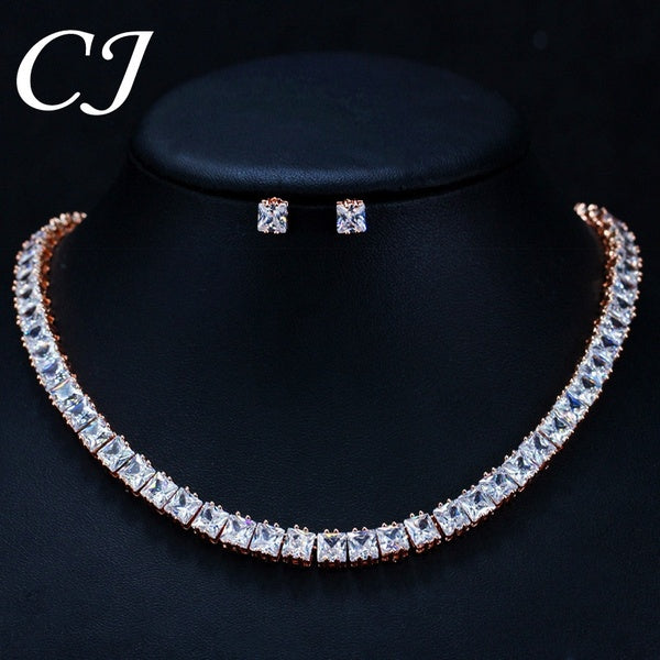 CANDICE Top Grade Genuine CZ Women Banquet Jewelry Sets Rose Gold Plating Square Cubic Zirconia Choker Necklace Set With Stud Earrings