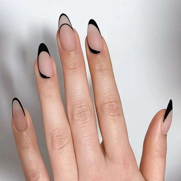 Frosted Line Droplet Shaped Fake Nails With Glue Black French Pearl Press On Fake Nails Simple Love Heart Acrylic Nails White Crescent False Nails fo
