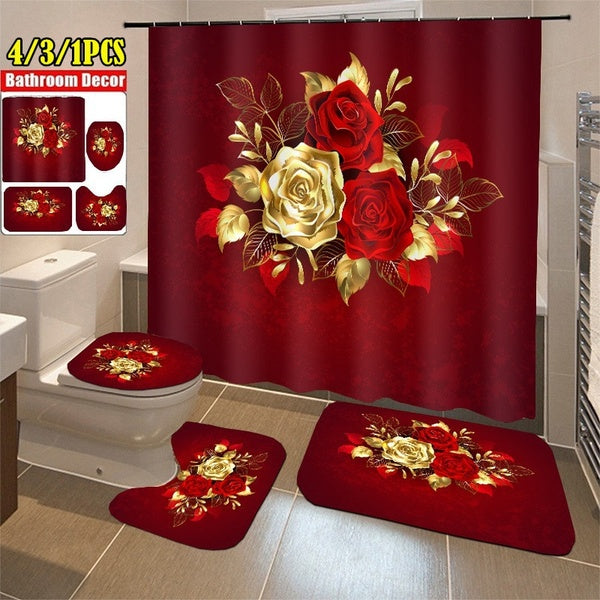 4-3-1pcs Red Rose Print Bathroom Set Shower Curtain Non-slip Bath Mat Toilet Seat Cover Pedestal Rugs Home Carpets Bathroom Decor