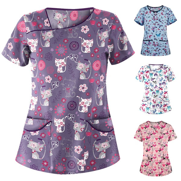 Nouveau femmes infirmière uniforme à manches courtes col en v mignon impression vêtements d'allaitement t-shirt gommage haut avec poches