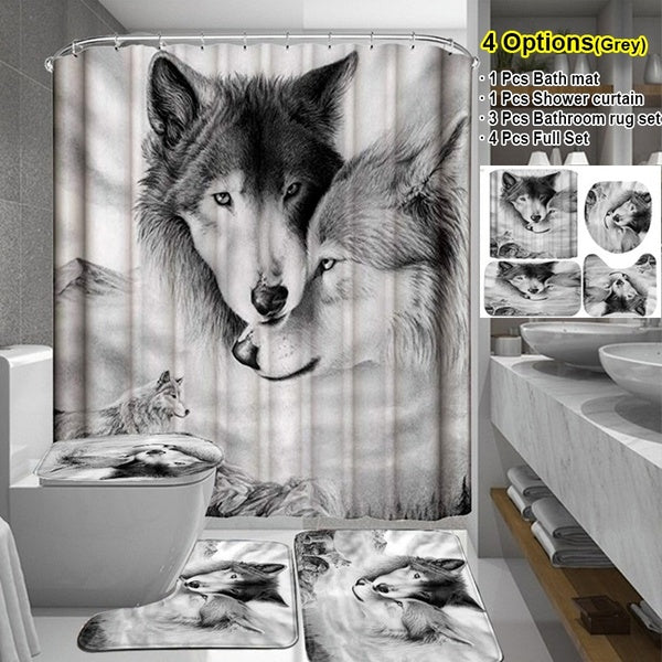 3D Cool Wolf Couple Art Print Bathroom Shower Curtain Decro Mildew-proof Waterproof Shower Curtain+ Non Slip Bathroom Pedestal Rug + Toilet Lid Cover