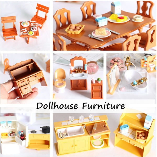 1:12 Dollhouse Furniture Miniatures Scene Plastic Mini Dinning Table Chairs Kitchen Refrigerator Toilet Bathtub Washstand Bedroom Dresser Kids Toy