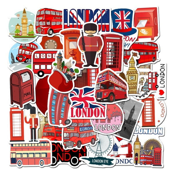 50 Pcs Red Bus London Style Cartoon Sticker Trunk Insulation Cup Mobile Phone Motorcycle Car High Definition Decoration Stickers