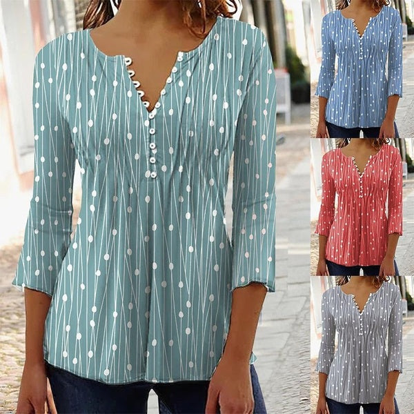 Women's Fashion V-neck Printed Shirts Loose Casual Long Sleeve Comfortable Blouses Plus Size Tops T-Shirt S-5XL