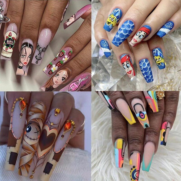 Fake Nails Anime Long Ballerina False Nails Nana Cosplay Cartoon Girls Press on Nails Pink Fake Nails Coffine Stick on Nails