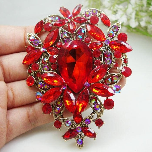Art Nouveau Fleur Rouge Femme Broche Broche Cristal Strass Cadeaux